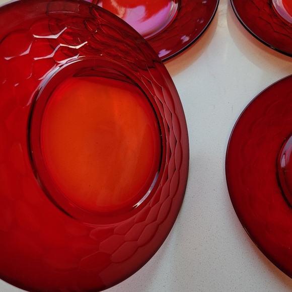SOLD Ruby Red Plates Georgian Thumbprint Luncheon Dessert Salad 8" Set 4 - Picture 3 of 11